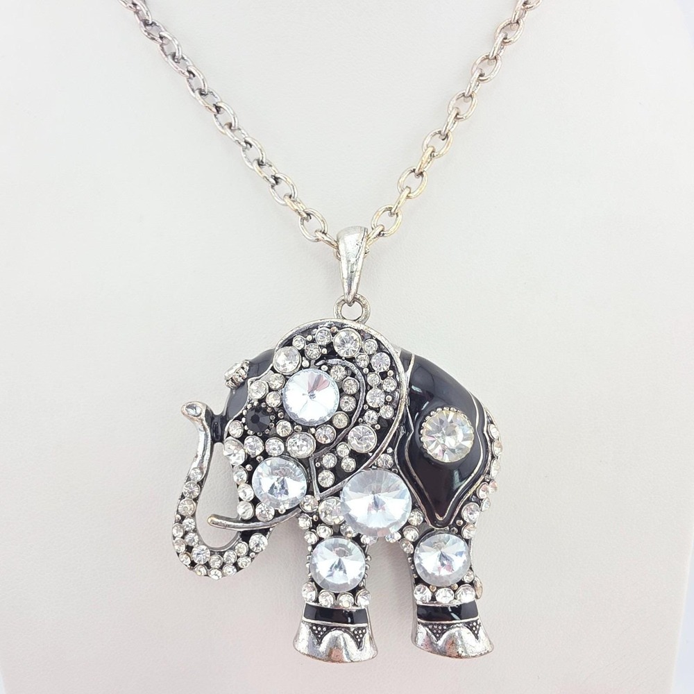 New! CATO Elephant Necklace Crystal Black Enamel Reversible Boho Silver Tone 32"